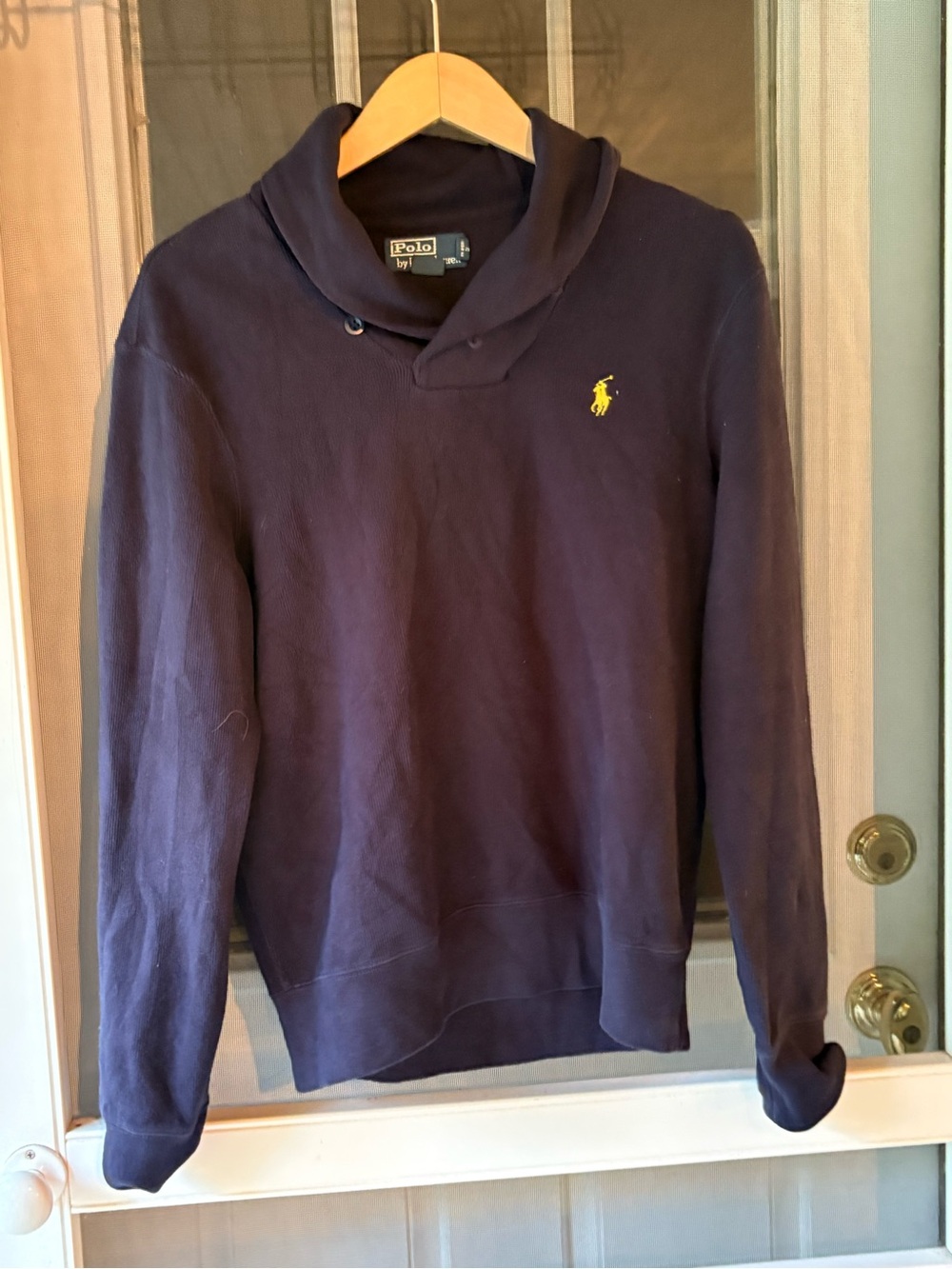 Polo by Ralph Lauren Navy Shawl-Collar Sweatshirt with Yellow Pony Logo